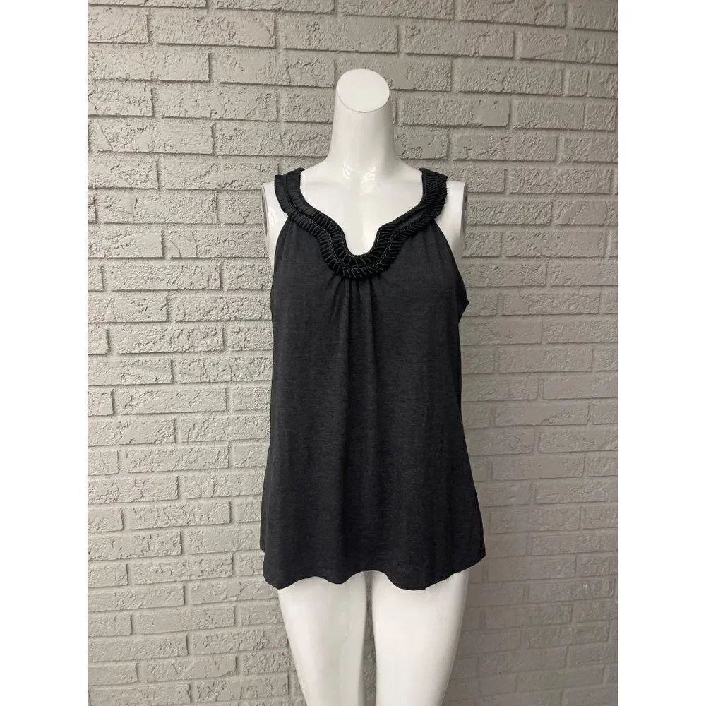 Spense Women Sleeveless Black Pleaded Faux Leather Neckline Top Size M